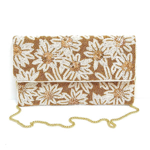 Clutch White Flowers Bronze Beaded